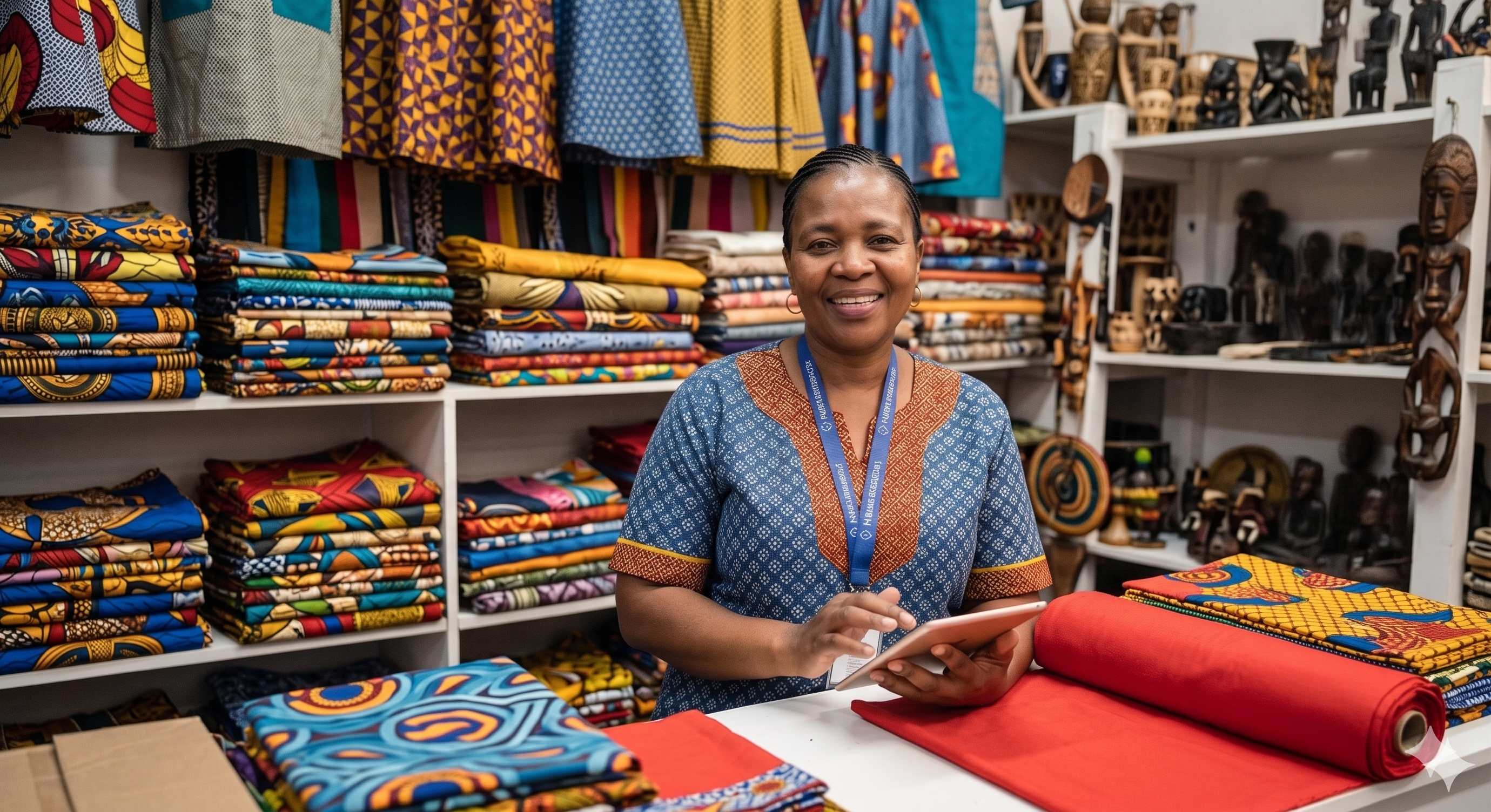 Textile shop owner with tablet surrounded by colorful African fabrics and crafts